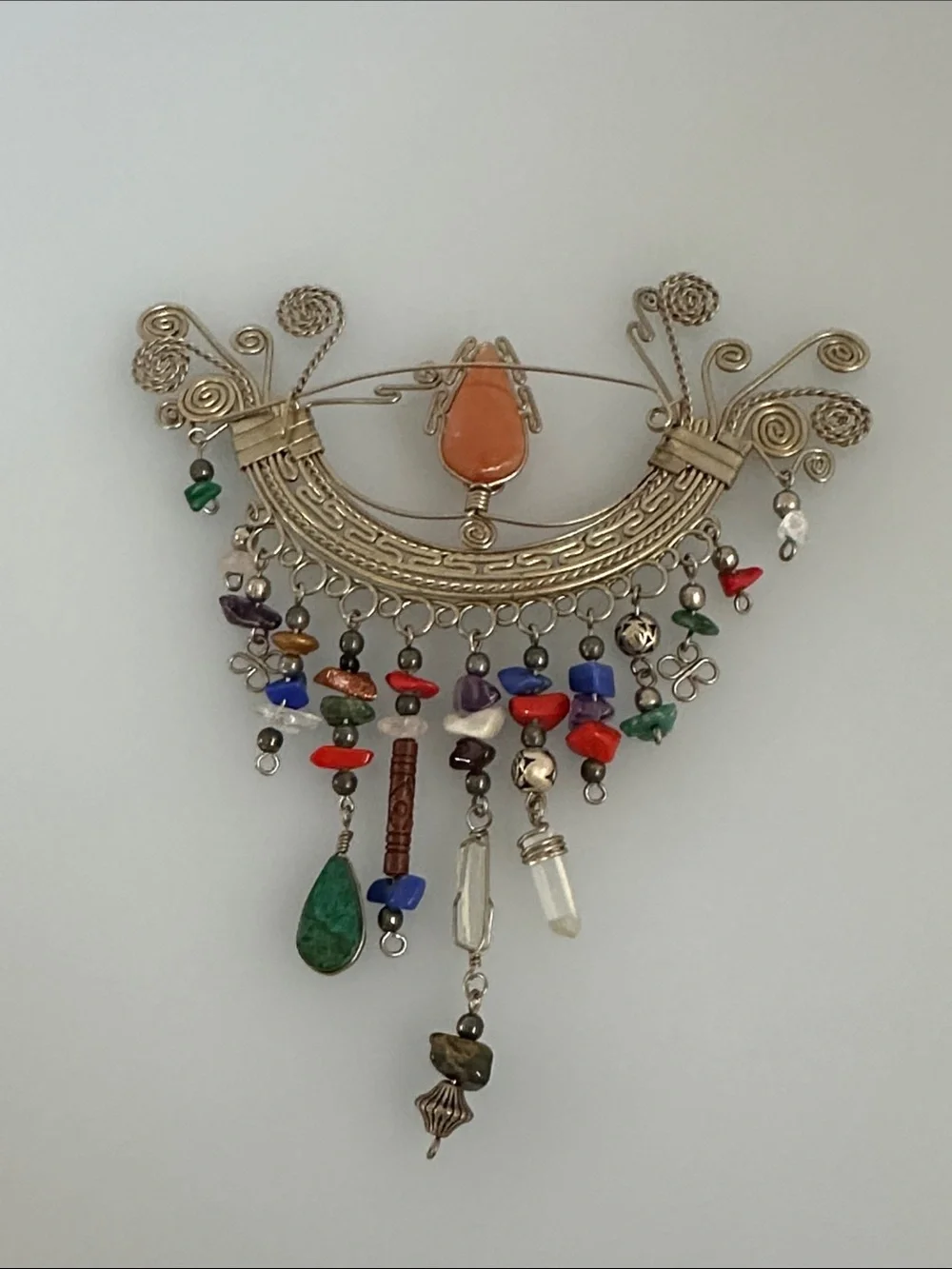 Artisan Multicolor Beaded Silver-Tone Filigree Brooch with Orange Center